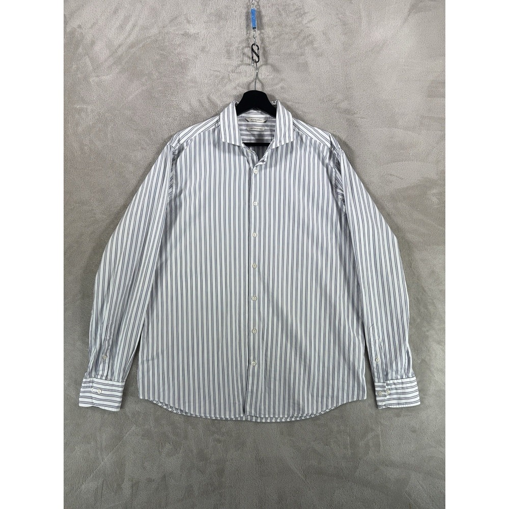SuitSupply Button Down Shirt Mens 43/44 White Blue Striped Cotton Slim Fit